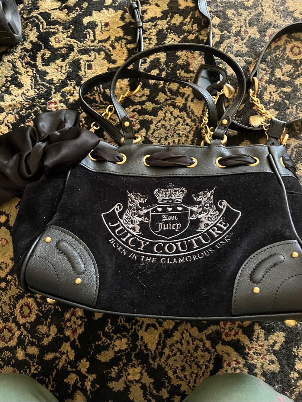 Juicy Couture Black Velvet Logo Shoulder Bag with Gold Hardware